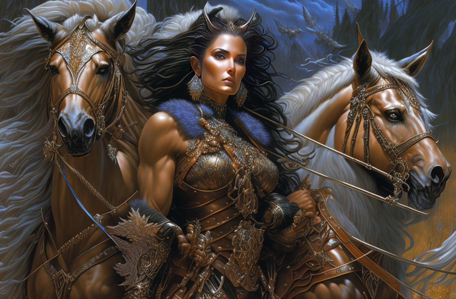 Ornate armor warrior woman with horses in forest