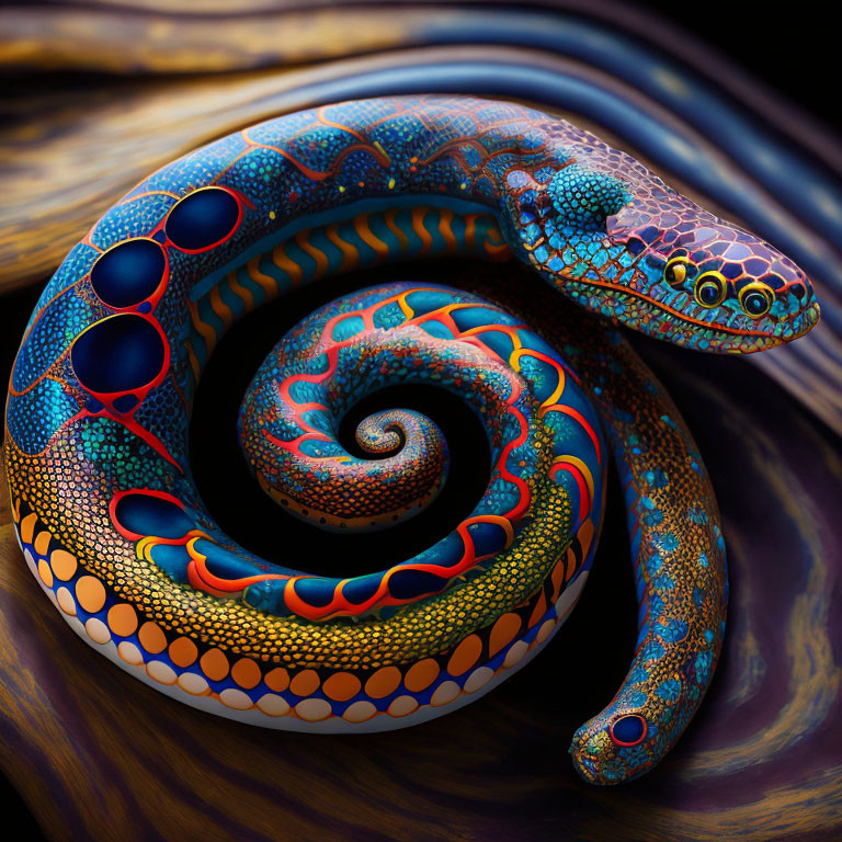 Colorful Digital Illustration of Coiled Snake with Intricate Patterns