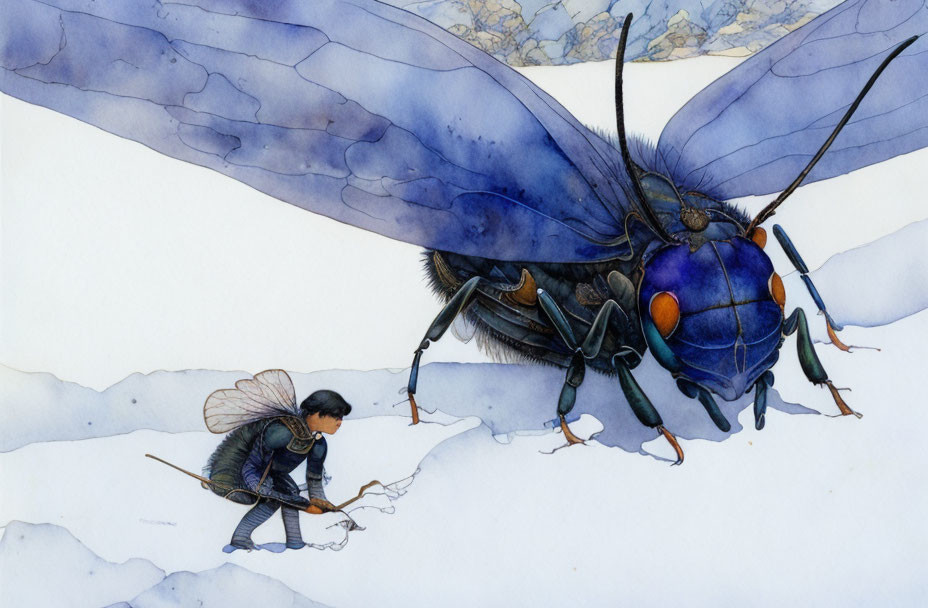 Detailed illustration of tiny winged person sketching giant blue insect