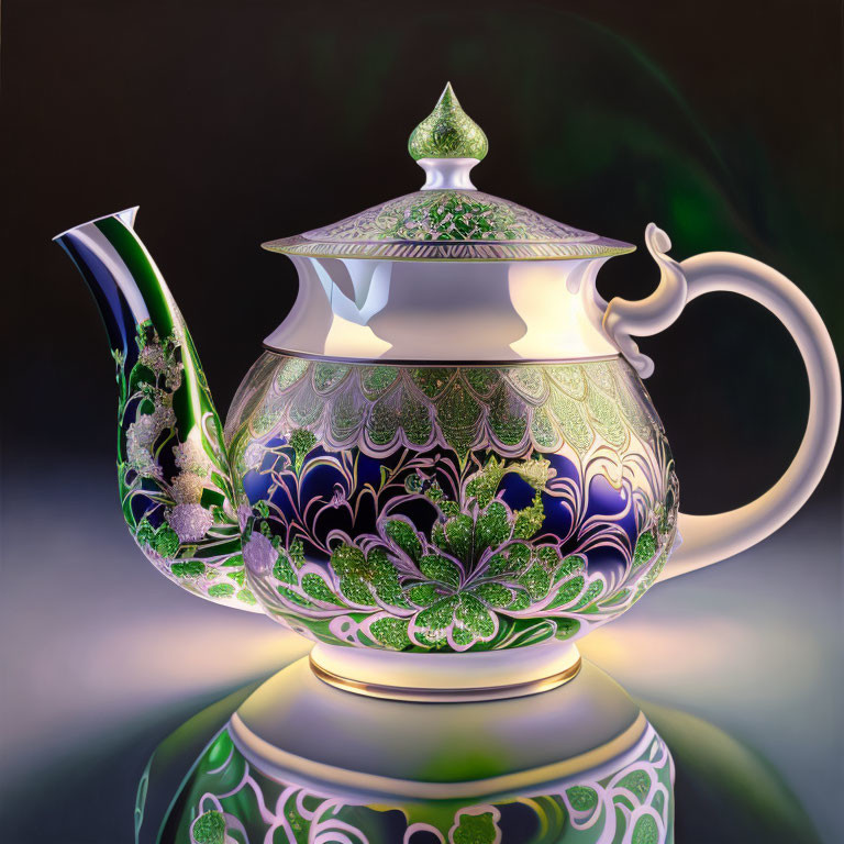 Intricate Green and Purple Patterned Porcelain Teapot