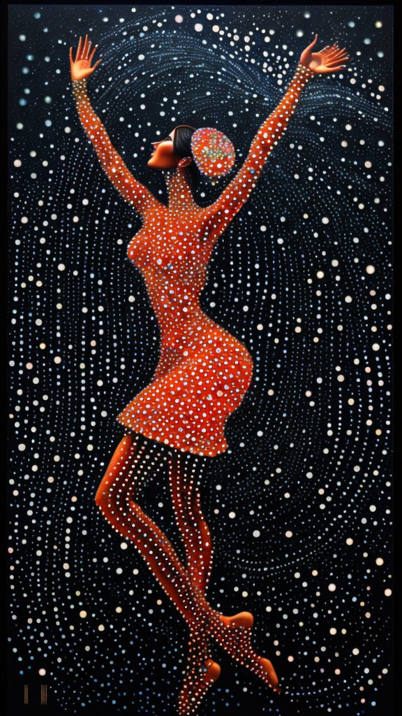 Stylized painting of woman with raised arms in cosmic swirl.