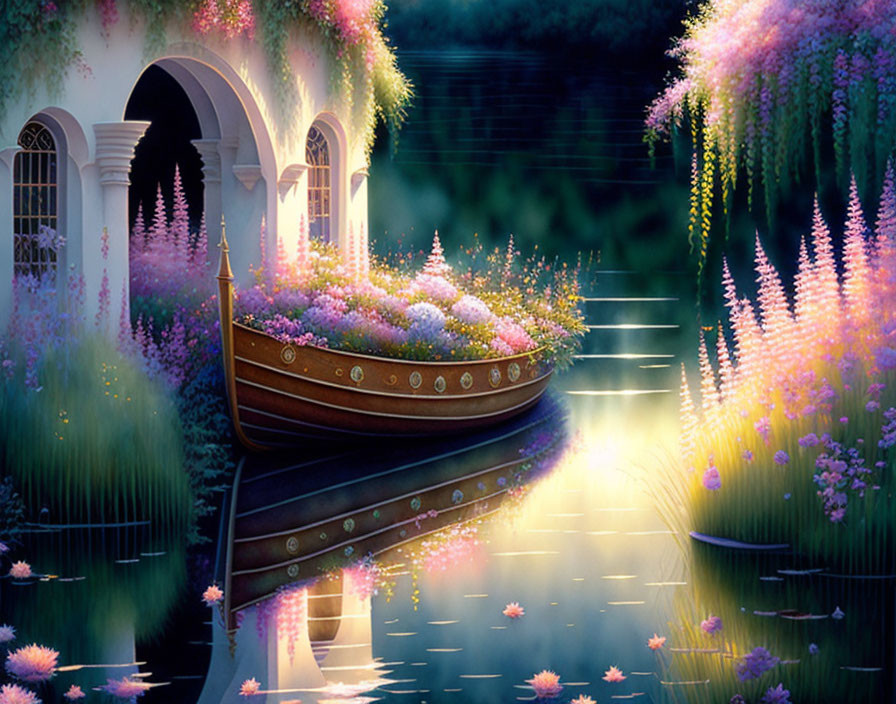 Tranquil river scene with flower-filled boat and white arches