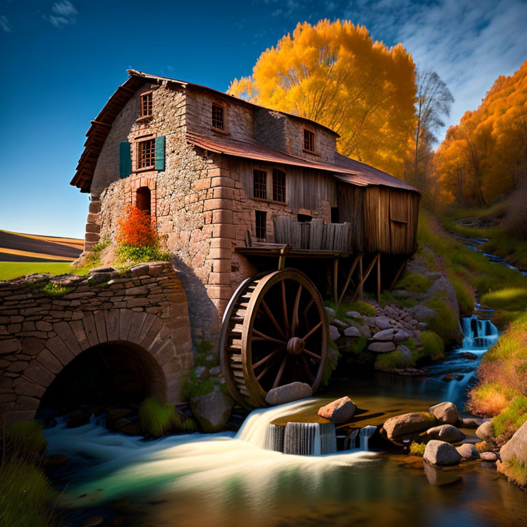 Vintage watermill by autumn creek and trees under blue sky