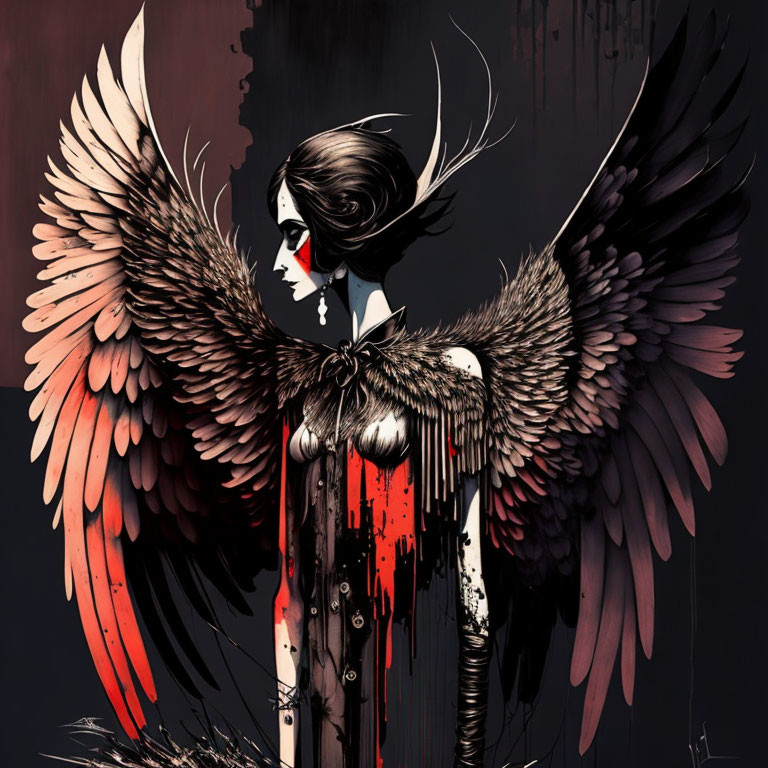 Person with Feathered Wings in Brown and Red, Gothic Style Illustration