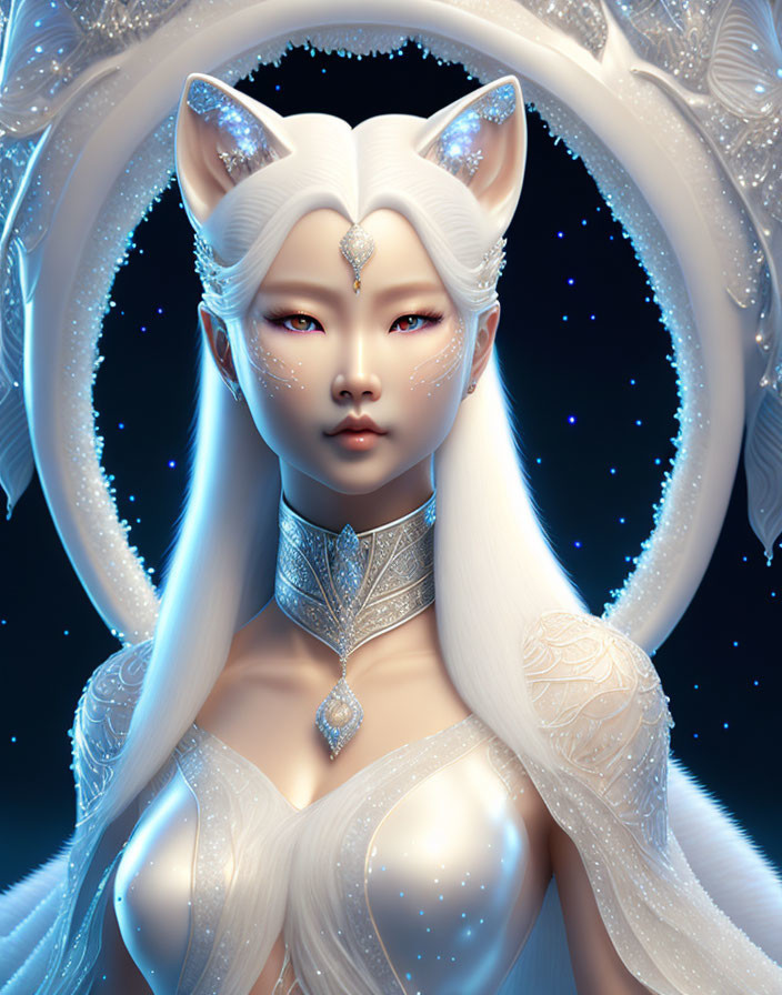 Ethereal woman with fox-like ears and white hair in cosmic setting