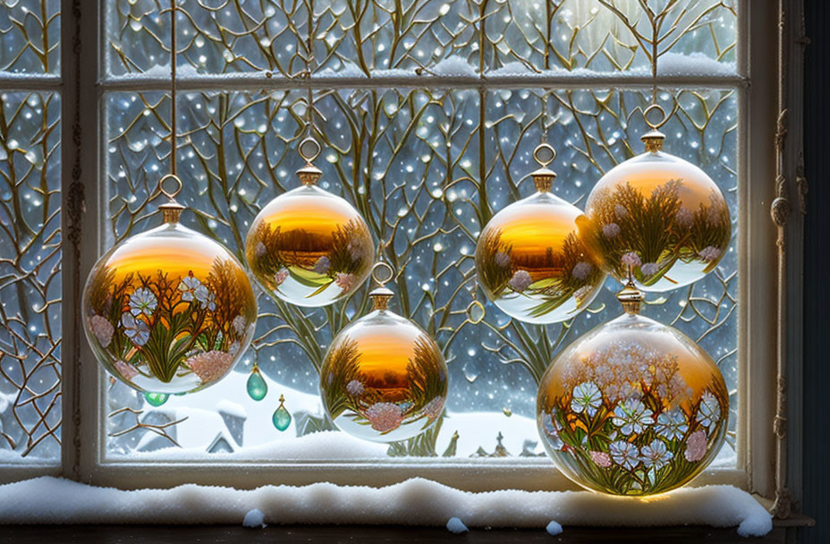 Ornate Christmas baubles in snow-covered window with wintry tree pattern