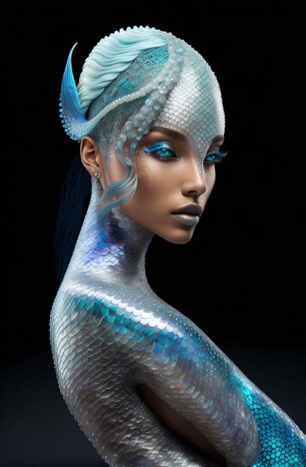 Digital artwork featuring a woman with blue scales and aqua makeup