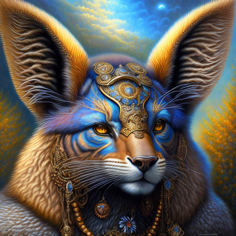 Fantastical caracal with exaggerated ears in gold and blue jewelry at twilight