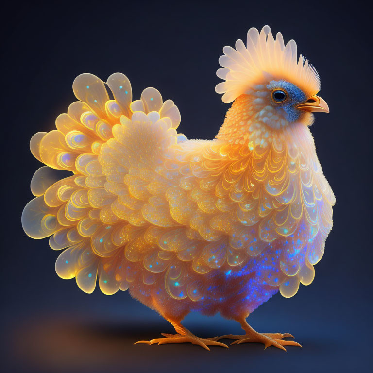 Iridescent Chicken with Glowing Feathers on Dark Background