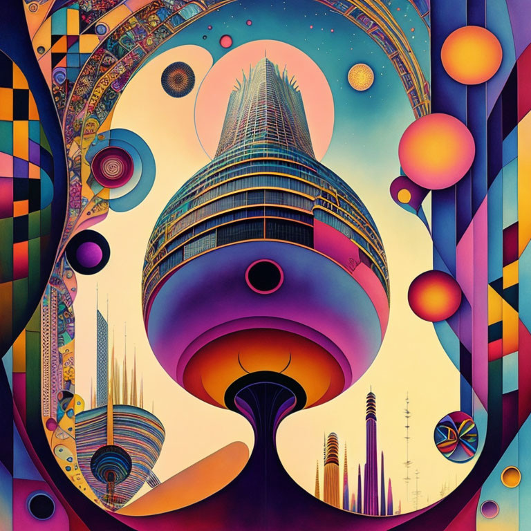 Futuristic cityscape with vibrant, psychedelic colors