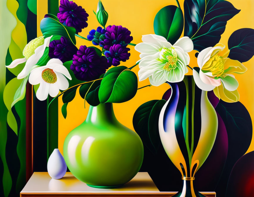 Colorful Still Life Painting with Green and Purple Vase