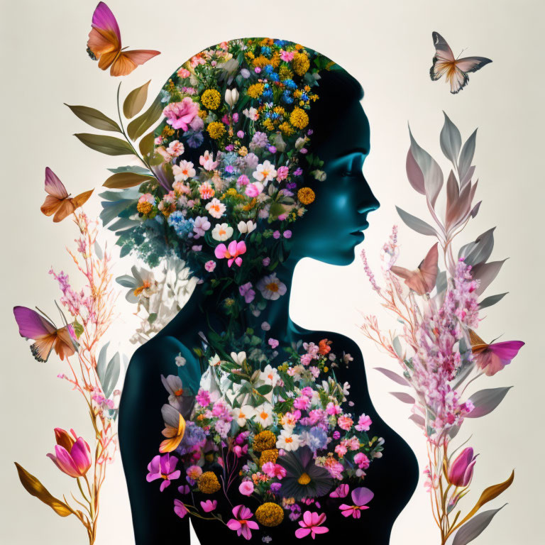 Silhouette of woman adorned with vibrant flowers, foliage, and butterflies.