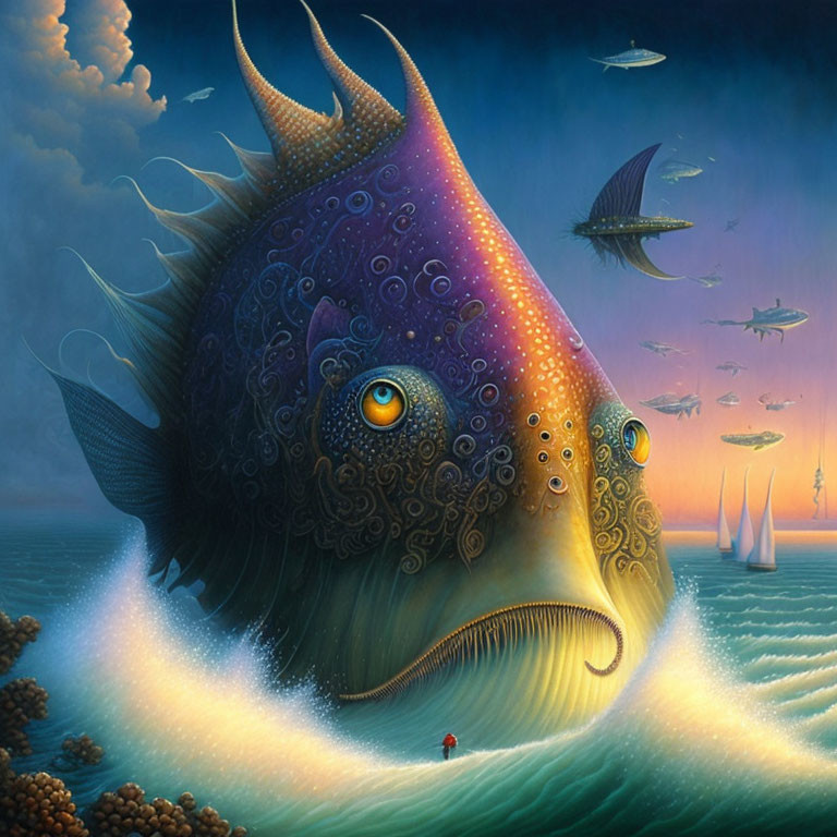 Surreal painting: immense fish with luminous eyes above the sea