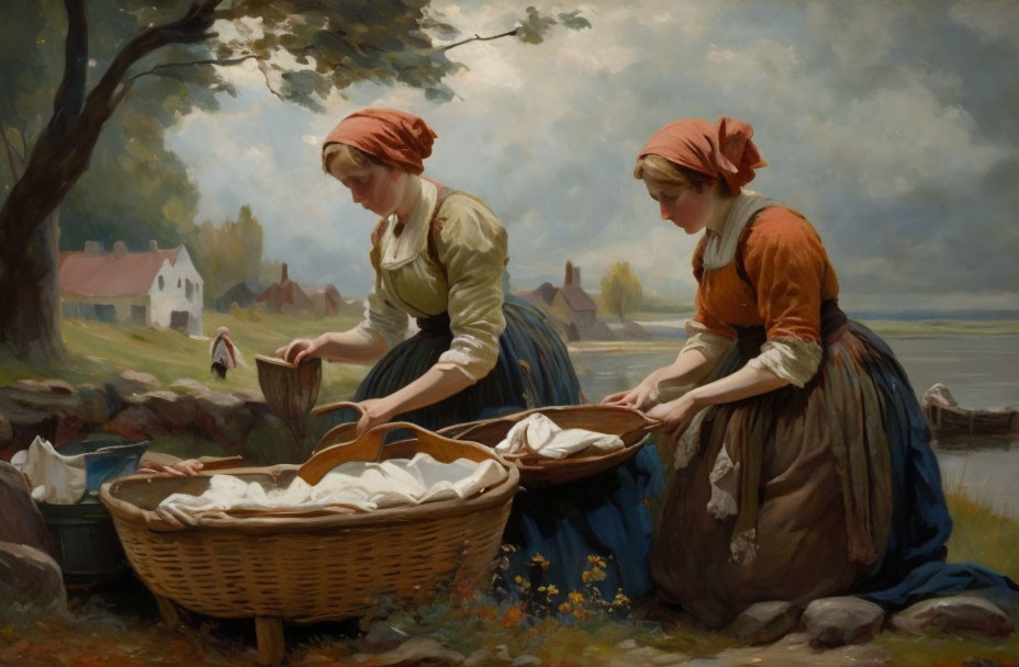 Two women washing clothes by riverside in pastoral setting