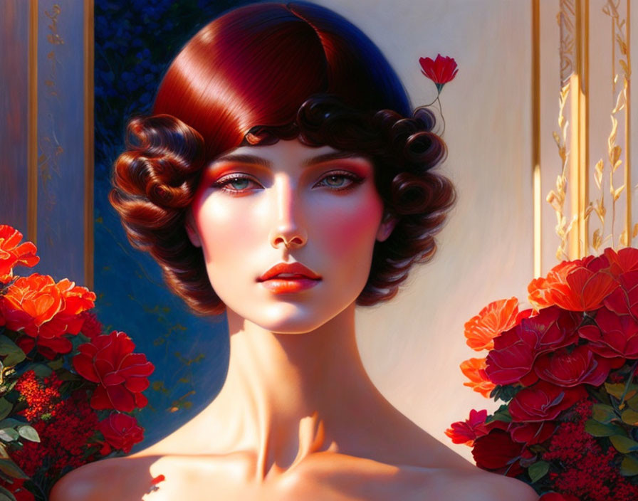 Illustrated portrait of a woman with curly brown hair and vibrant red flowers in golden light