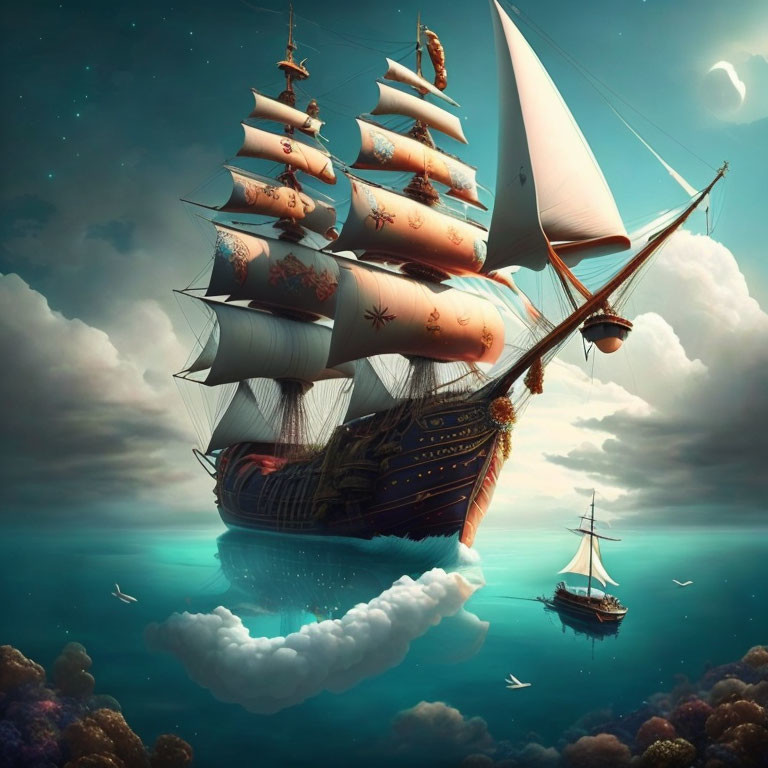 Grand sailboat with elaborate sails in ethereal sky seascape