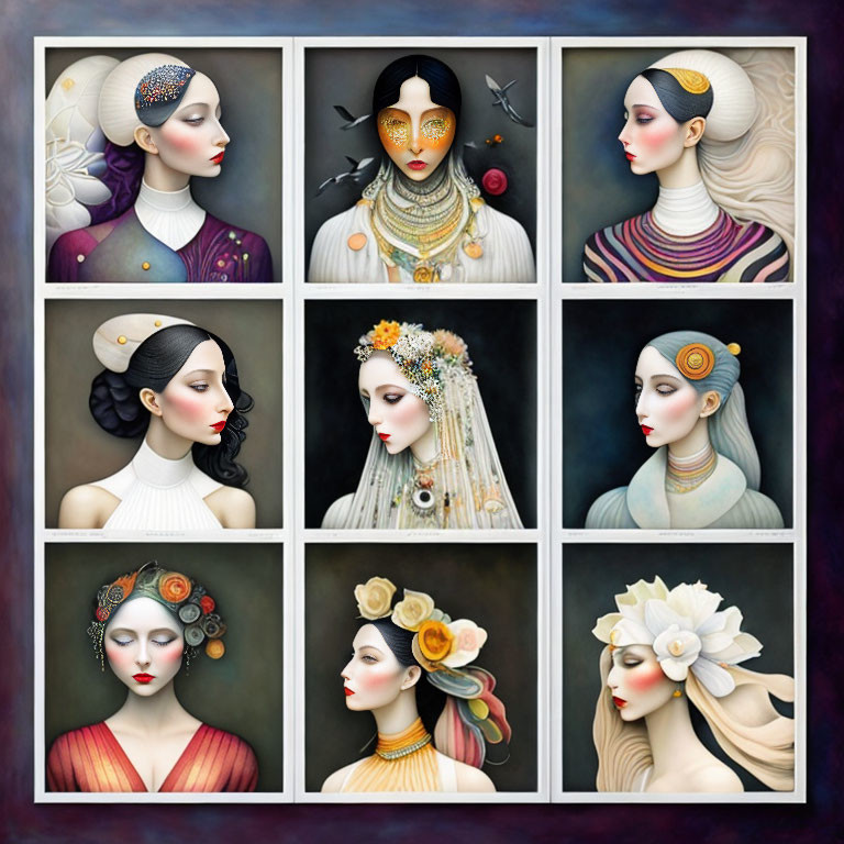 Collection of Nine Stylized Women Portraits with Unique Headpieces and Makeup