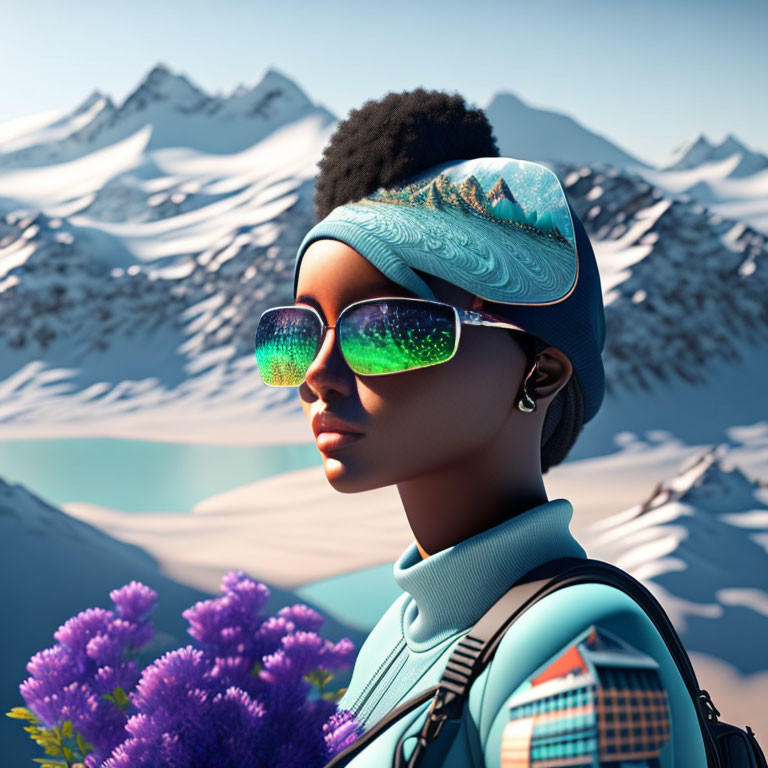 Stylish woman in sunglasses gazes at snowy mountains with purple flowers.