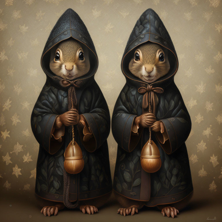 Medieval-themed anthropomorphic chipmunks with lanterns in star-patterned setting