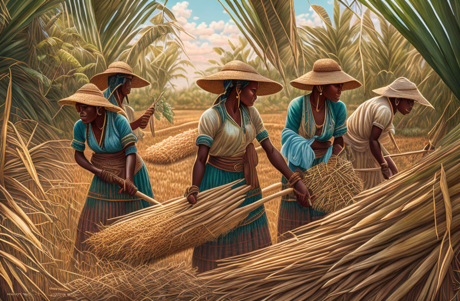 Five women in traditional attire harvesting wheat in golden field with scythes and hand tools