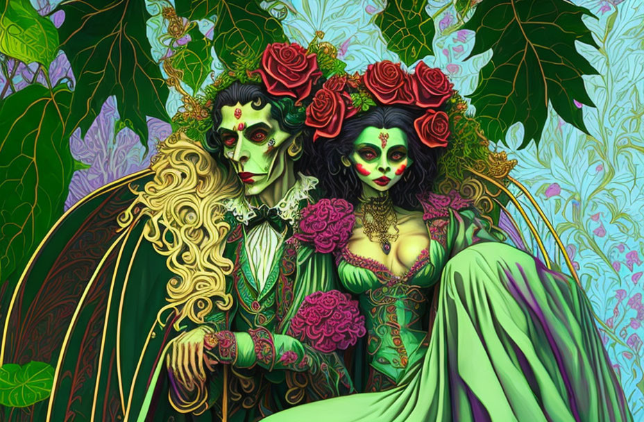 Illustrated Zombie-Like Couple in Vintage Green Clothing with Roses