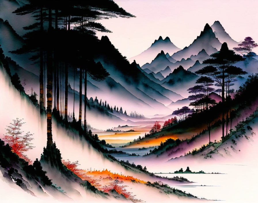 Tranquil landscape painting: Misty mountains, tall trees, serene lake reflections