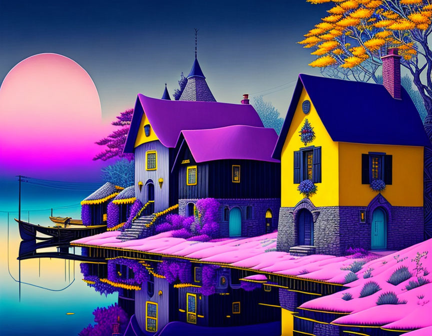 Colorful whimsical houses by reflective river under purple sky