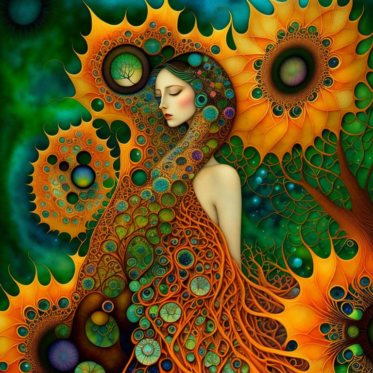 Colorful woman entwined with peacock-like patterns on green background