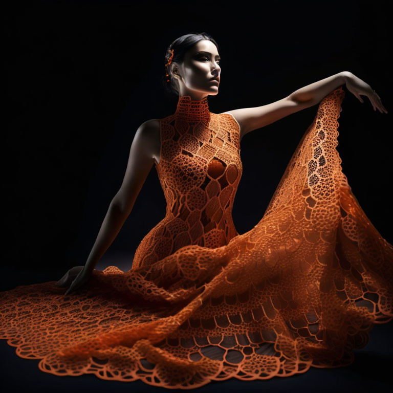 Elegant woman in striking orange lace dress against dark background