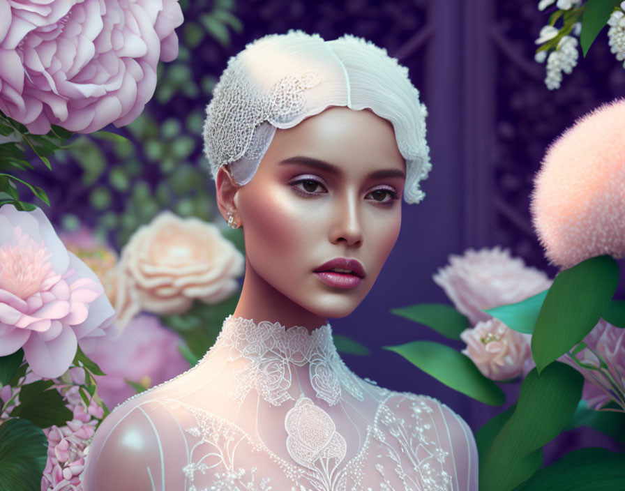 Sophisticated Woman in White Headpiece Surrounded by Lush Flowers