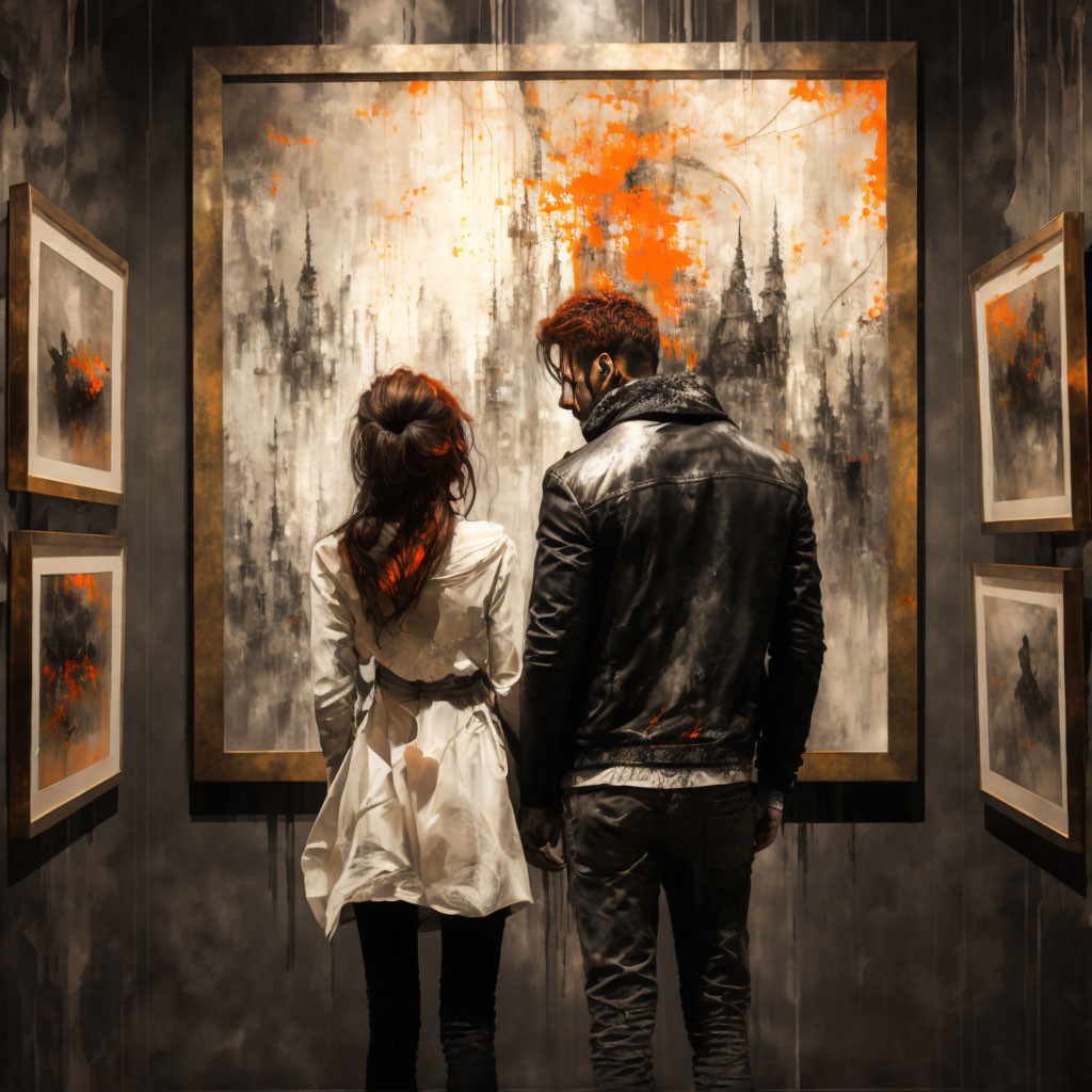 Abstract painting with orange accents in art gallery surrounded by smaller artworks