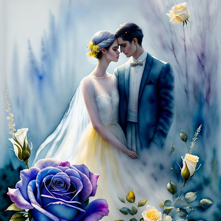 Romantic couple in wedding attire with blue and yellow roses background