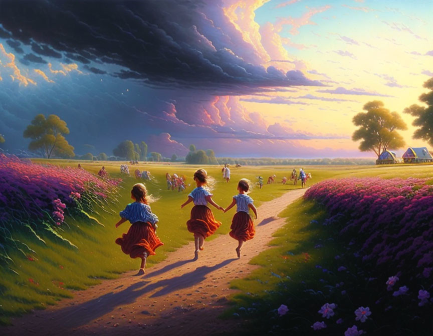 Children running down floral path towards rural house under dramatic sky