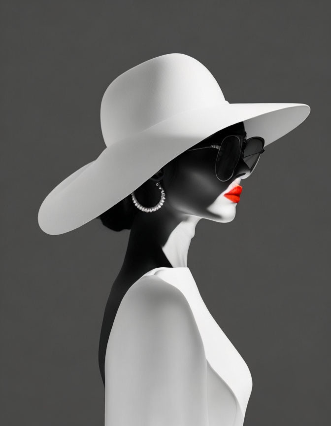 Monochrome profile of stylish woman with red lips, broad-brimmed hat, sunglasses, and hoop