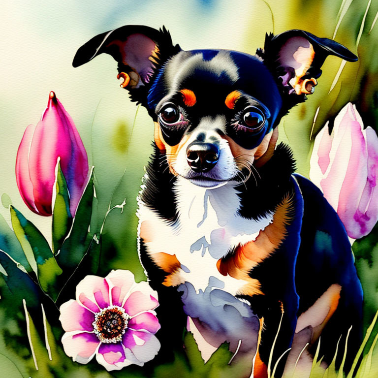 Chihuahua Watercolor Illustration Among Pink and Red Flowers