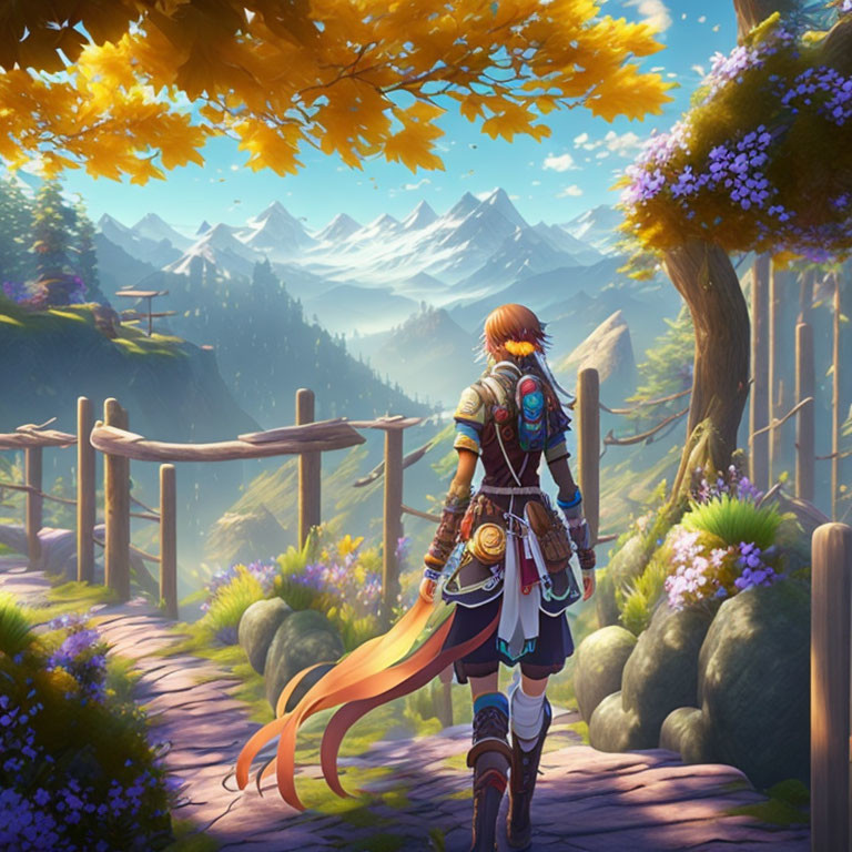 Fantasy character with sword and shield in autumn valley scene