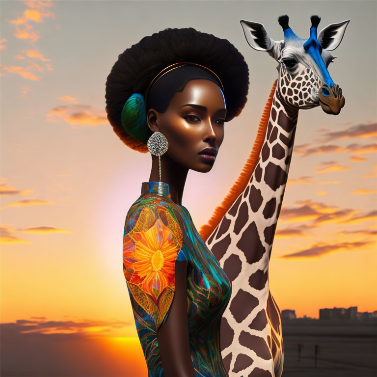 Stylized image of woman with elegant makeup beside giraffe with blue-patterned face in sunset scene