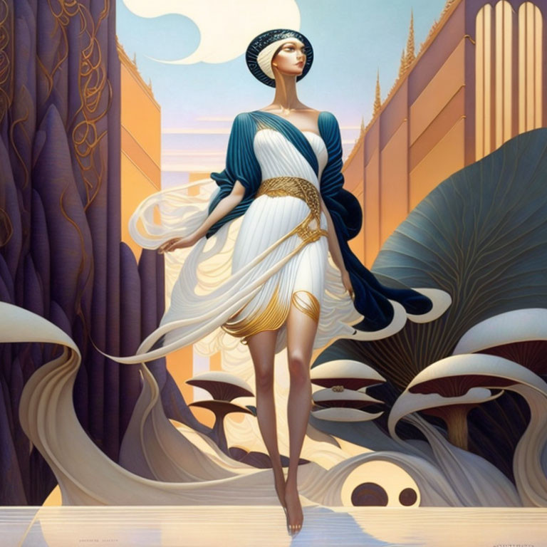 Ethereal woman in art nouveau style with flowing blue dress and surreal background