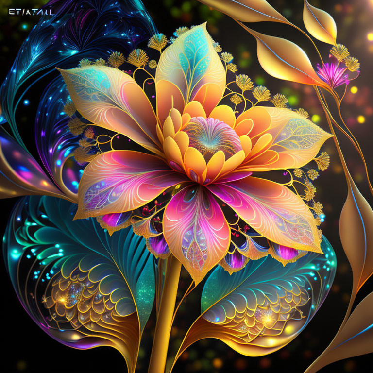 Colorful Floral Digital Art with Intricate Patterns on Dark Background