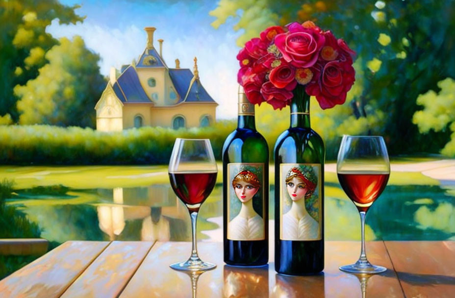 Wine Bottles with Female Portraits, Roses, and Glasses in Serene Setting