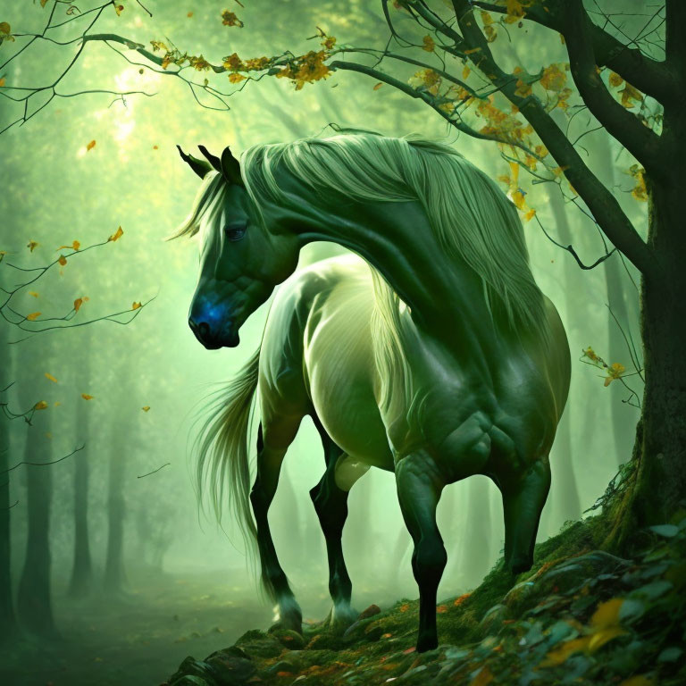 Majestic white horse in enchanted forest with autumn leaves