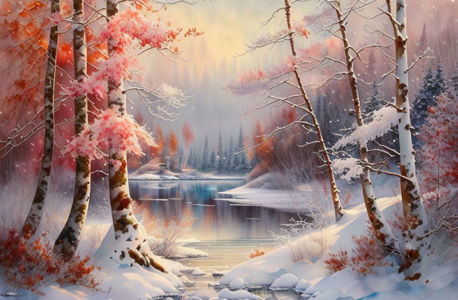 Snow-covered Winter Landscape with Calm Lake and Autumn Trees