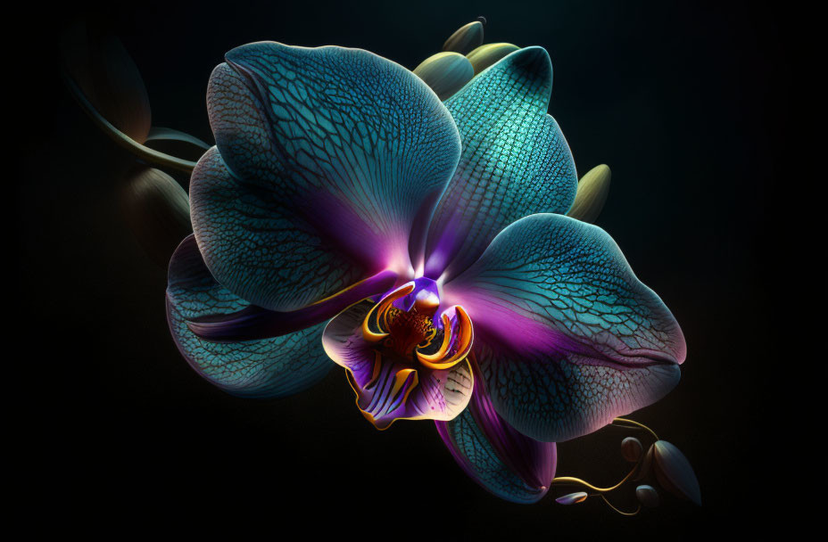 Vibrant blue and purple orchid with glowing center on dark background