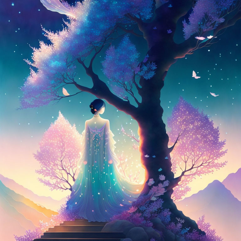 Woman in glowing starry dress under blossoming tree at twilight