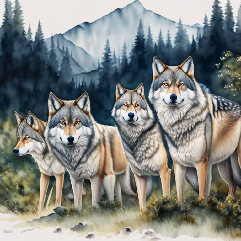 Four wolves in natural forest setting with misty mountains