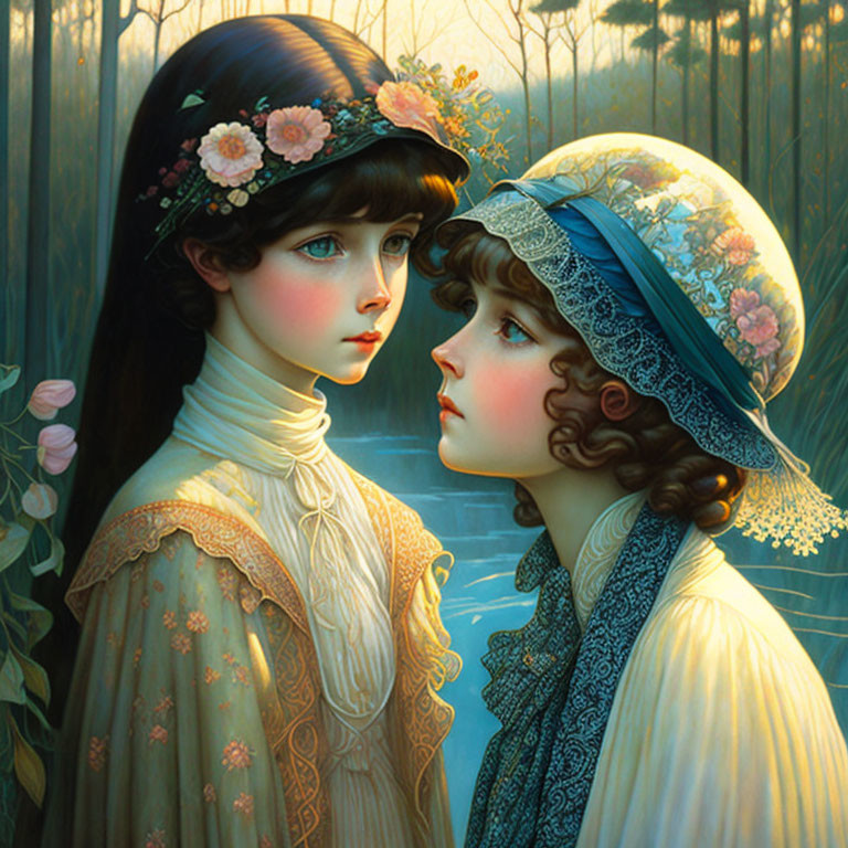 Victorian attired girls in floral hats share contemplative gaze in garden.