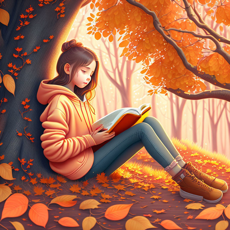 Girl in Orange Hoodie Reading Book Surrounded by Autumn Leaves