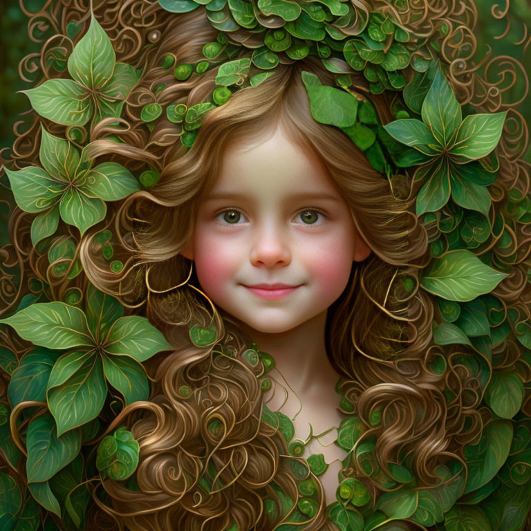 Digital illustration: Young girl with curly hair and green leaves, serene nature theme