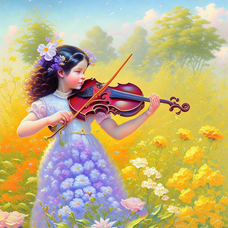 Young girl playing violin in flower-filled meadow