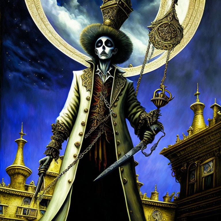 Detailed illustration of skeletal figure with sword, scales, gothic building, and moon